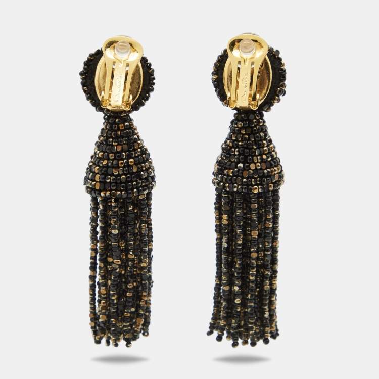 Pre Owned Oscar de la Renta  Beads Gold Tone Drop Earrings