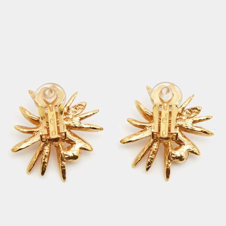 Pre Owned Oscar de la Renta Faux Pearl Gold Tone Clip On Earrings