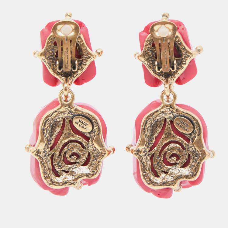 Pre Owned Oscar de la Renta Flower Resin Gold Tone Earrings