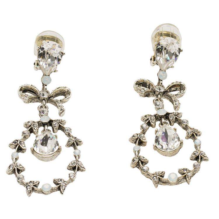 مملوكة مسبقًا Oscar de la Renta Bow Drop Crystal Silver Tone Clip-On Drop Earrings