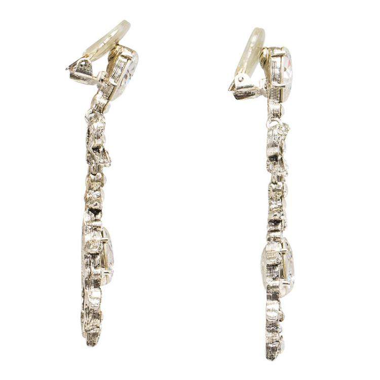 مملوكة مسبقًا Oscar de la Renta Bow Drop Crystal Silver Tone Clip-On Drop Earrings