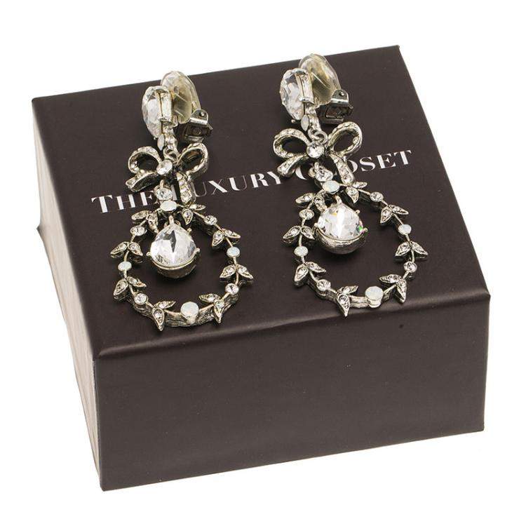 مملوكة مسبقًا Oscar de la Renta Bow Drop Crystal Silver Tone Clip-On Drop Earrings