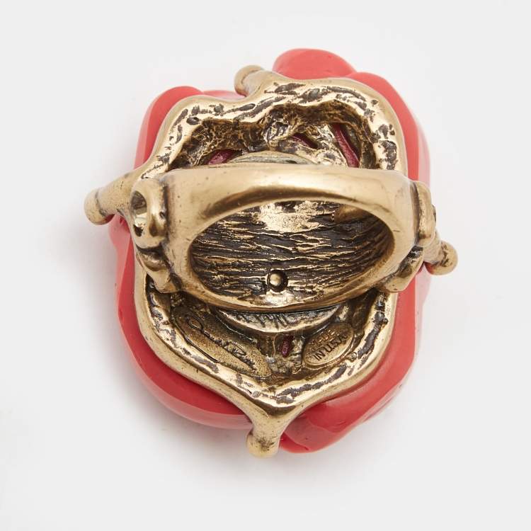 Pre Owned Oscar de la Renta  Rose Red Amaranth Gold Tone Ring Size 55