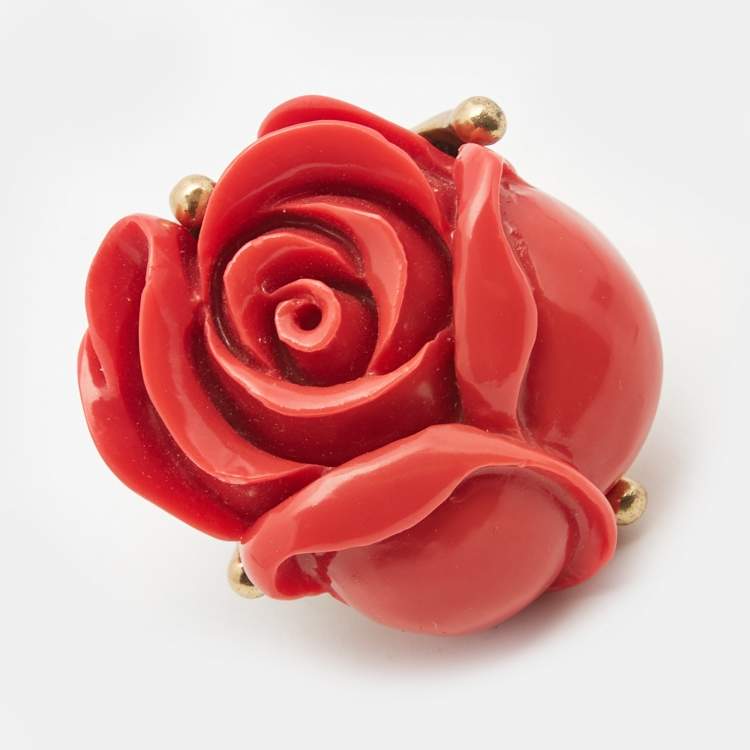 Pre Owned Oscar de la Renta  Rose Red Amaranth Gold Tone Ring Size 55