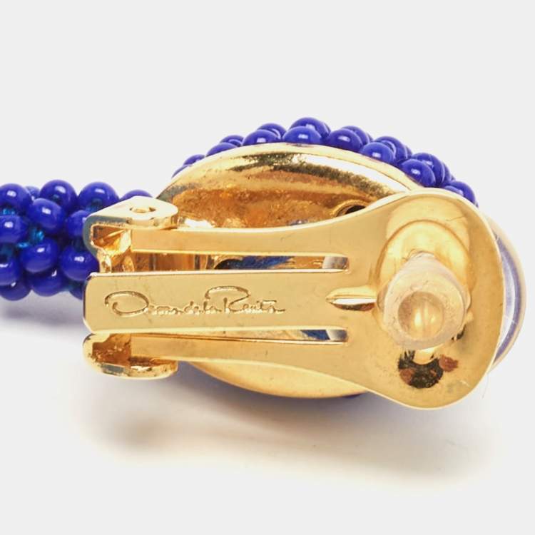 Pre Owned Oscar de la Renta Blue Plastic Bead Gold Tone Earrings