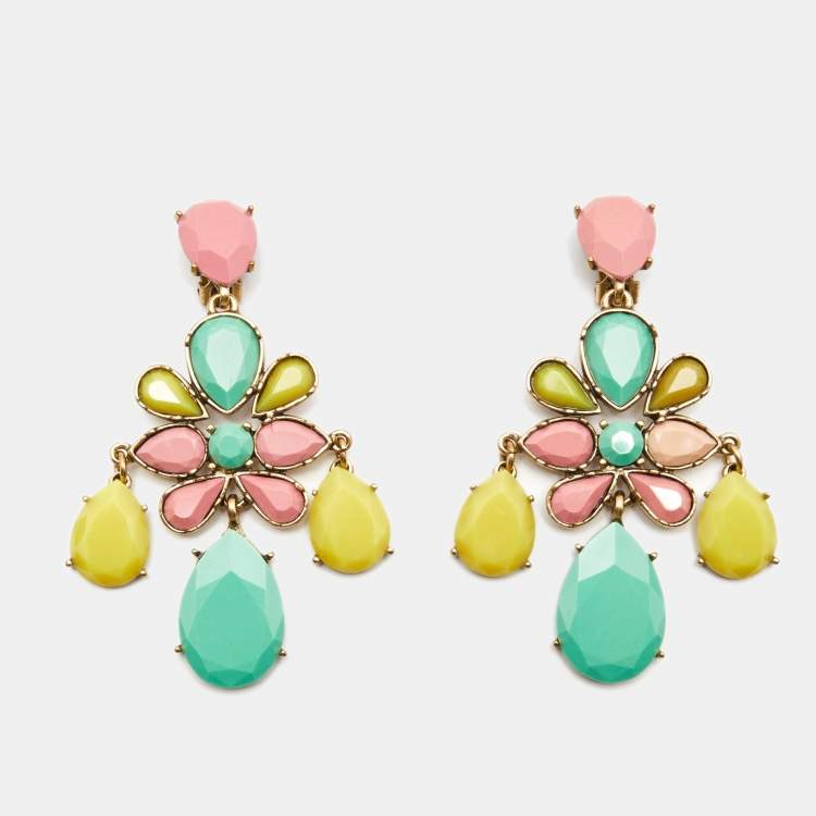 Pre Owned Oscar de la Renta Multicolor Composite Gold Tone Long Clip-on Earrings