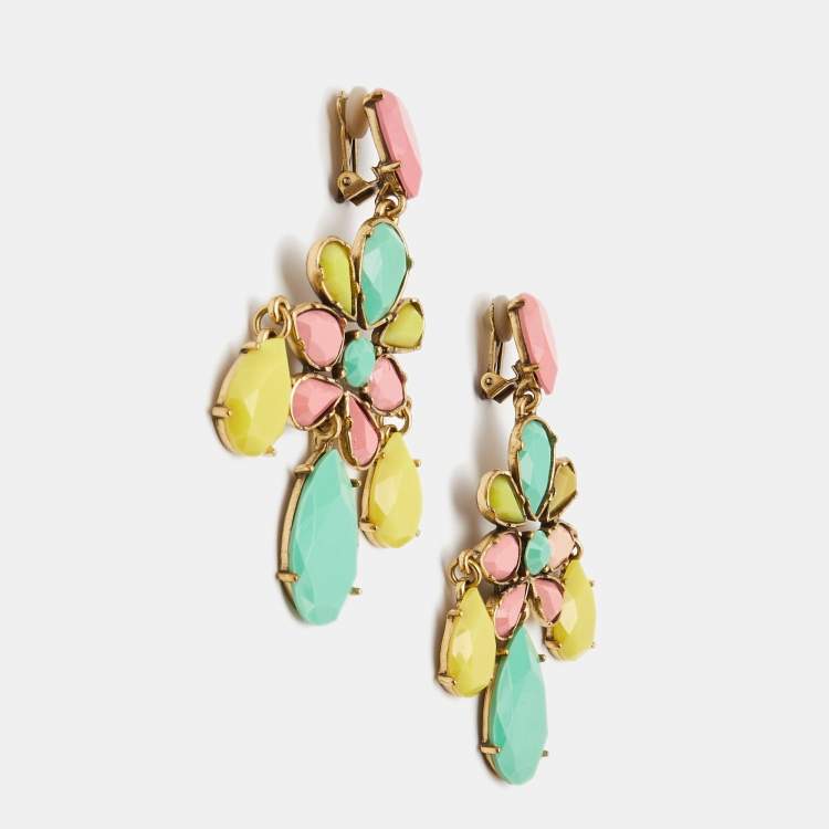 Pre Owned Oscar de la Renta Multicolor Composite Gold Tone Long Clip-on Earrings