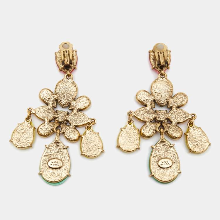 Pre Owned Oscar de la Renta Multicolor Composite Gold Tone Long Clip-on Earrings