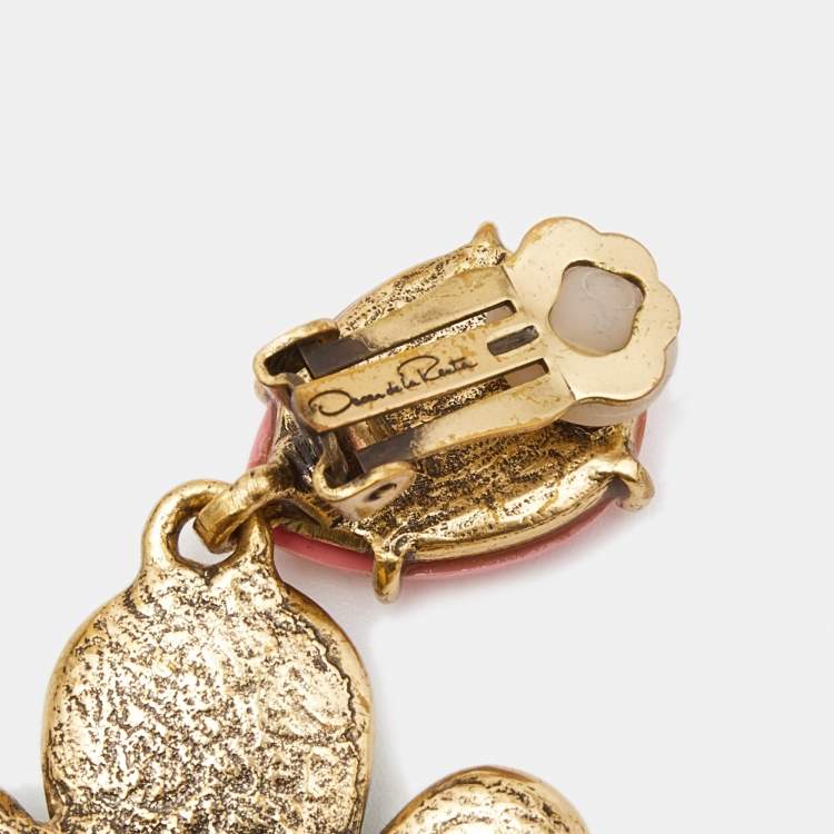 Pre Owned Oscar de la Renta Multicolor Composite Gold Tone Long Clip-on Earrings