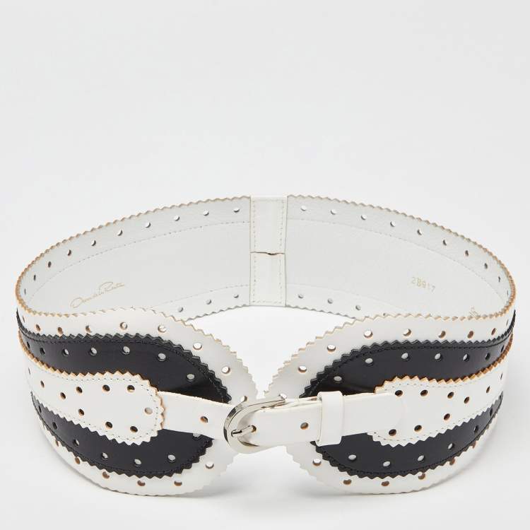 Pre Owned Oscar de la Renta White/Black Leather Waist Belt 75CM