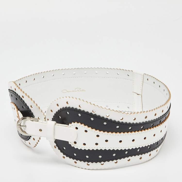 Pre Owned Oscar de la Renta White/Black Leather Waist Belt 75CM