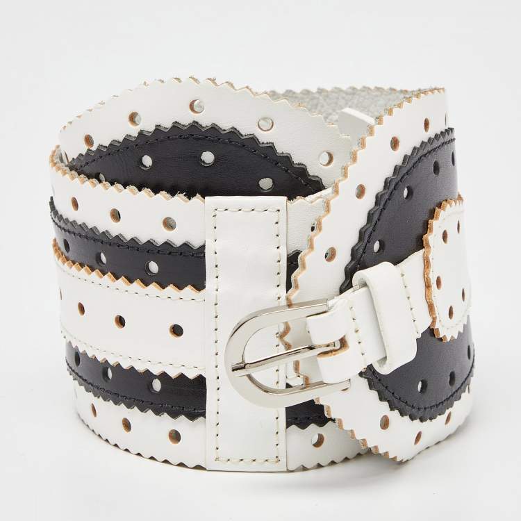 Pre Owned Oscar de la Renta White/Black Leather Waist Belt 75CM