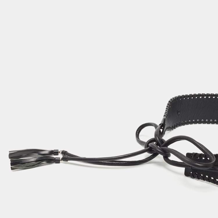 Pre Owned Oscar de la Renta Black Leather Whipstitch Detail Wrap Around Waist Belt L