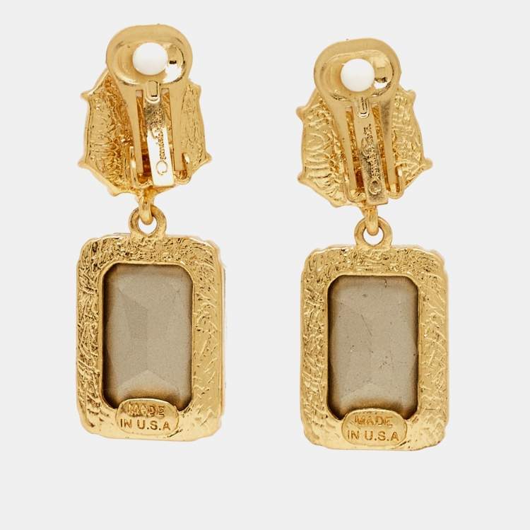 Pre Owned Oscar de la Renta  Crystal Faux Pearl Gold Tone Earrings