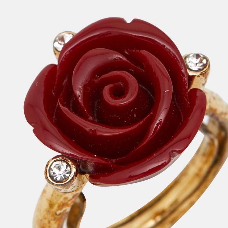 Pre Owned Oscar de la Renta Red Resin Rose Cocktail Ring Size EU 51