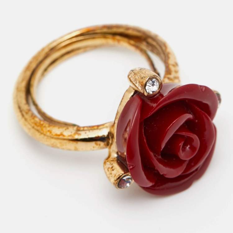 Pre Owned Oscar de la Renta Red Resin Rose Cocktail Ring Size EU 51