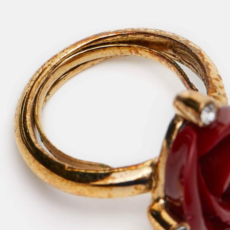 Pre Owned Oscar de la Renta Red Resin Rose Cocktail Ring Size EU 51