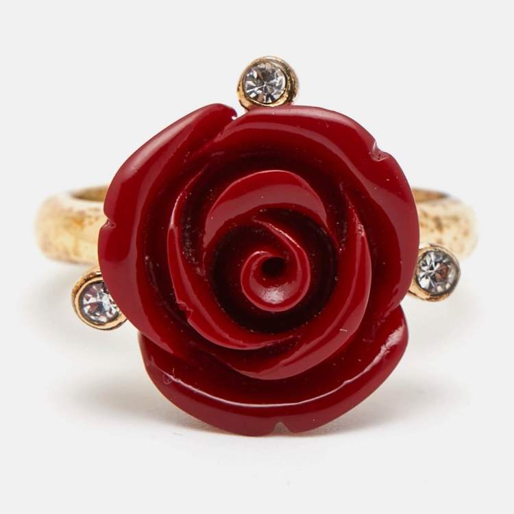 Pre Owned Oscar de la Renta Red Resin Rose Cocktail Ring Size EU 51