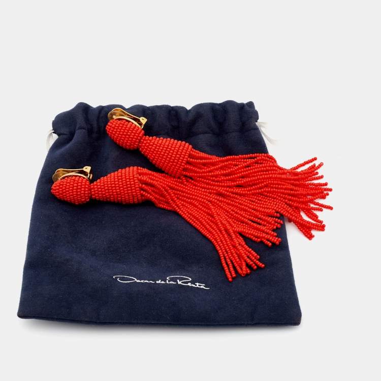 Pre Owned Oscar de la Renta Beads Gold Tone Earrings