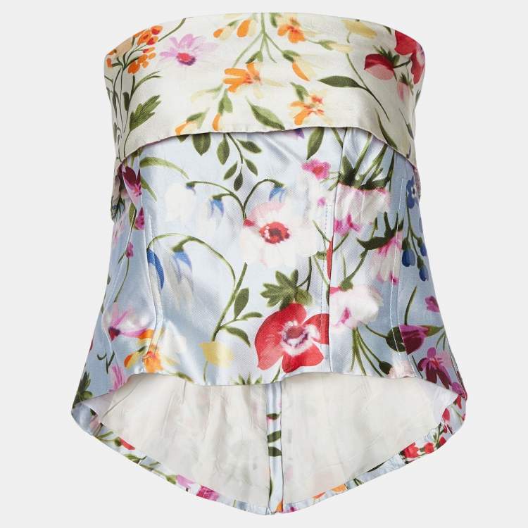 Pre Owned Oscar de la Renta Blue Floral Print Silk Blend Tube Top & Midi Skirt Set M