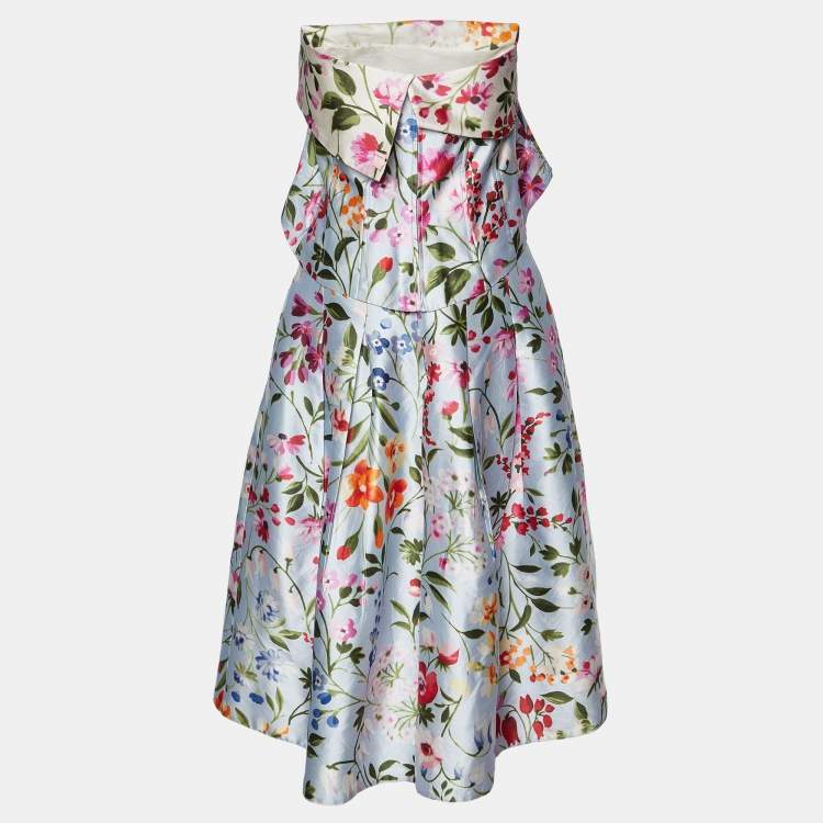 Pre Owned Oscar de la Renta Blue Floral Print Silk Blend Tube Top & Midi Skirt Set M