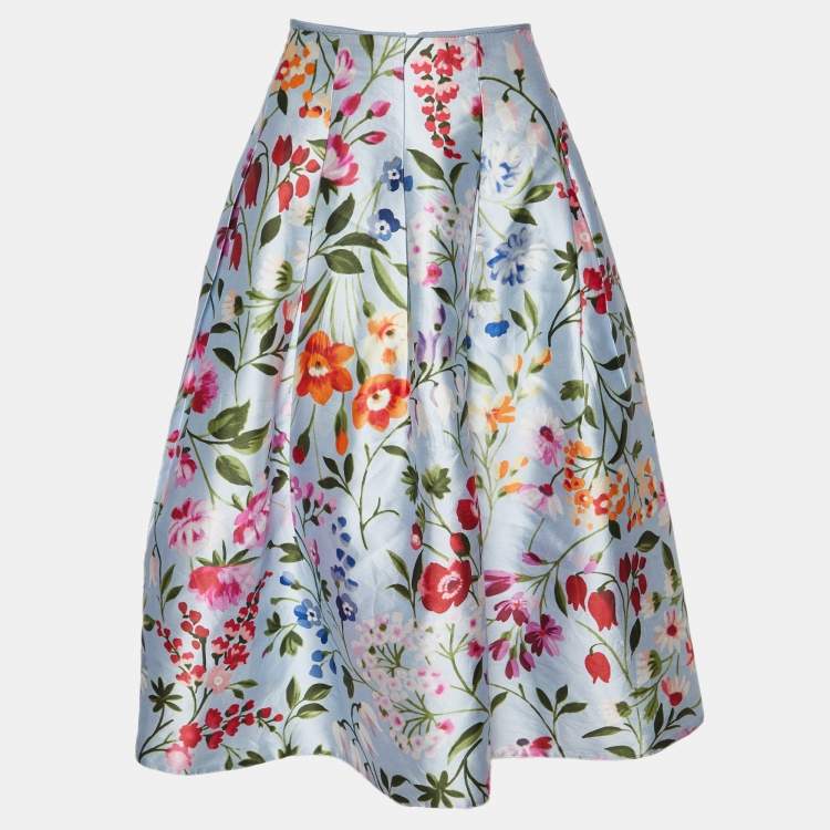 Pre Owned Oscar de la Renta Blue Floral Print Silk Blend Tube Top & Midi Skirt Set M