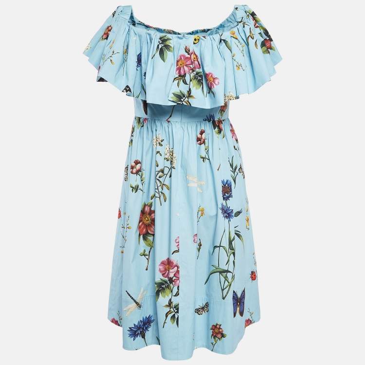 مملوكة مسبقًا Oscar de la Renta Blue Floral Print Cotton Off-Shoulder Midi Dress M