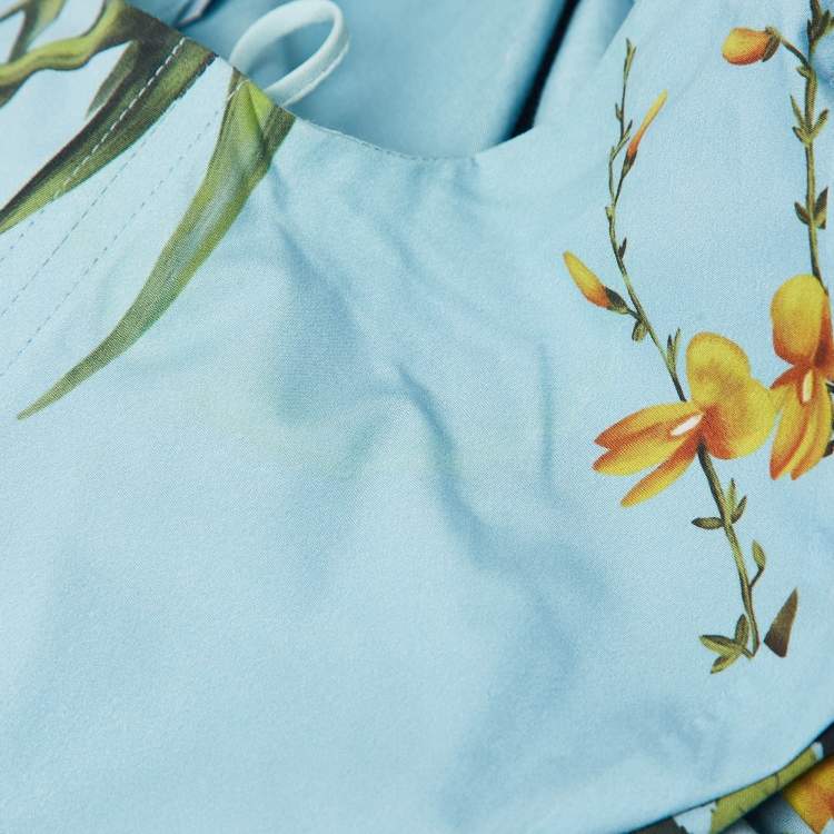 مملوكة مسبقًا Oscar de la Renta Blue Floral Print Cotton Off-Shoulder Midi Dress M