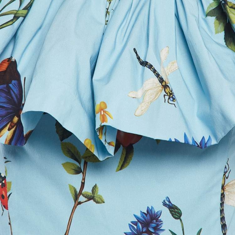 مملوكة مسبقًا Oscar de la Renta Blue Floral Print Cotton Off-Shoulder Midi Dress M