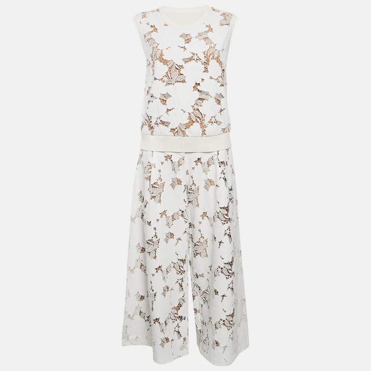 Pre Owned Oscar de la Renta White Magnolia Guipure Lace Palazzo Pants