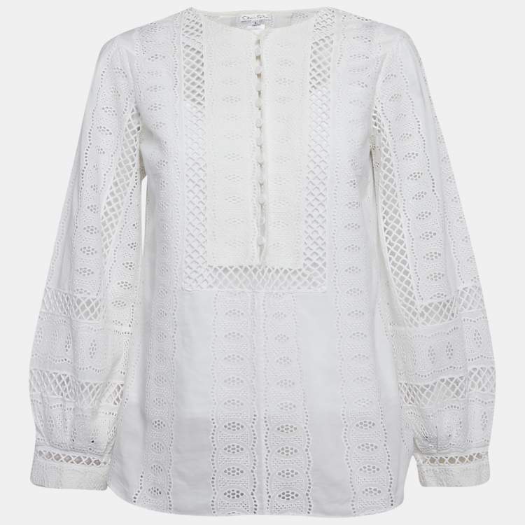 Pre Owned Oscar De La Renta White Broderie Anglaise Long Sleeve Blouse M