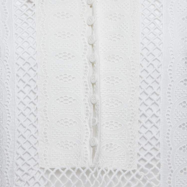 Pre Owned Oscar De La Renta White Broderie Anglaise Long Sleeve Blouse M