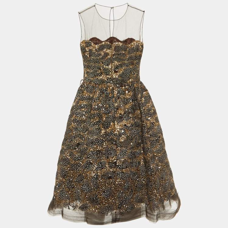 Pre Owned Oscar de la Renta Brown Sequin & Feather Embedded Tulle Mini Dress M