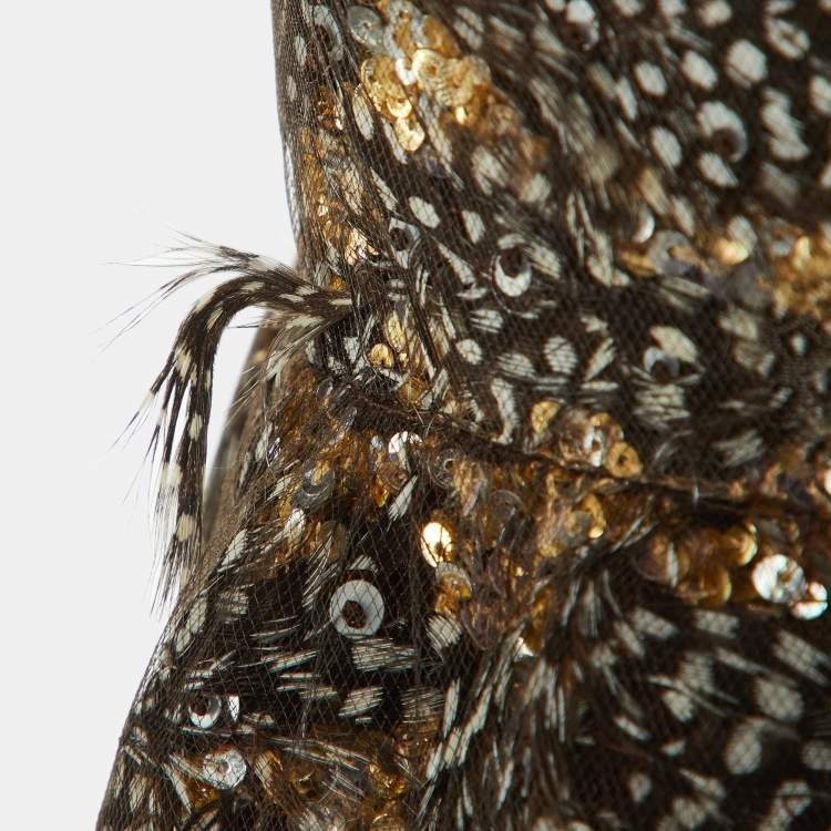 Pre Owned Oscar de la Renta Brown Sequin & Feather Embedded Tulle Mini Dress M