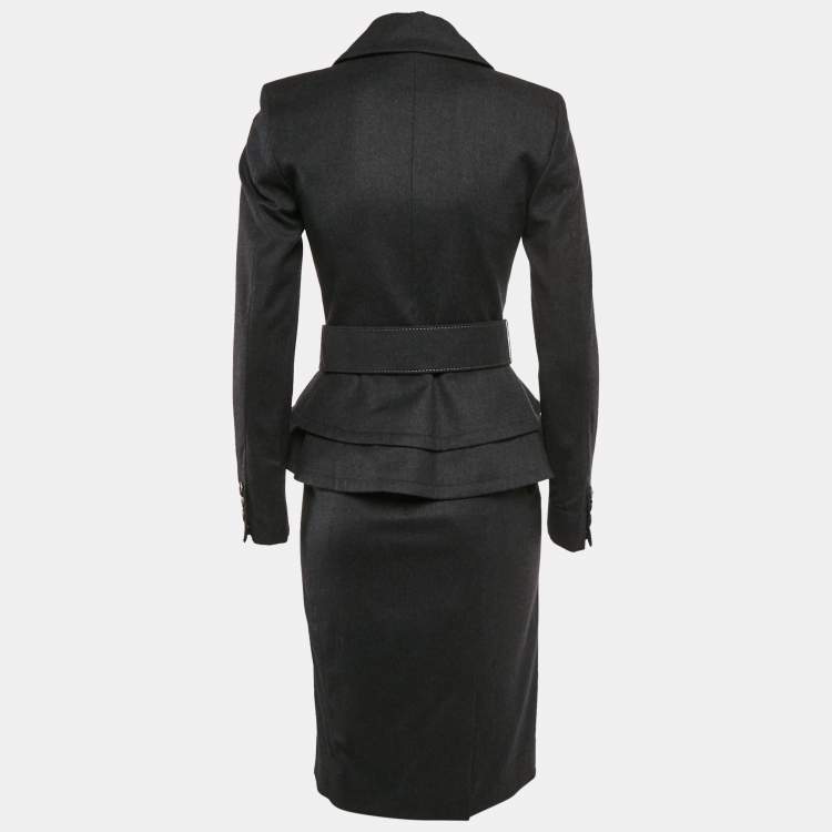 Pre Owned Oscar de la Renta Charcoal Grey Wool Skirt Suit S