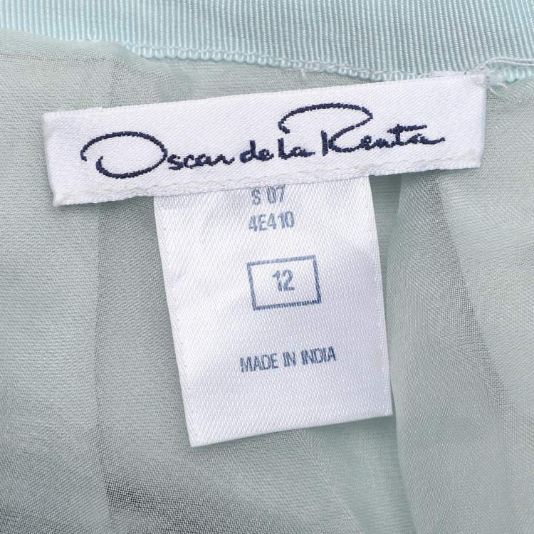 Pre Owned Oscar de la Renta Grey/Light Blue Silk Embroidered Mini Skirt Size L