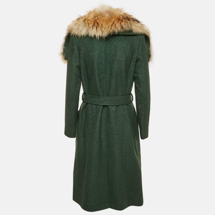 Pre Owned Oscar de la Renta Green Wool Blend Belted Detachable Fur Coat M