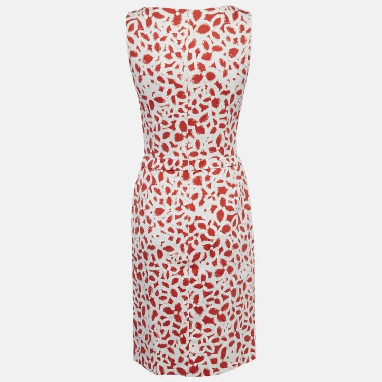 Pre Owned Oscar de la Renta White/Red Floral Print Cotton Sleeveless Short Dress S