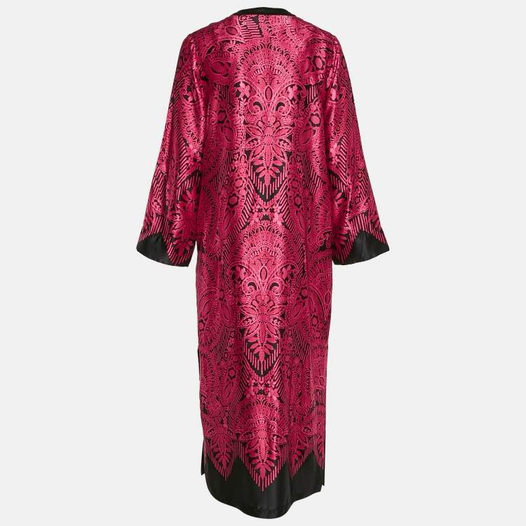 مملوكة مسبقًا Oscar de la Renta Pink/Black Printed Satin Maxi Kaftan Dress S