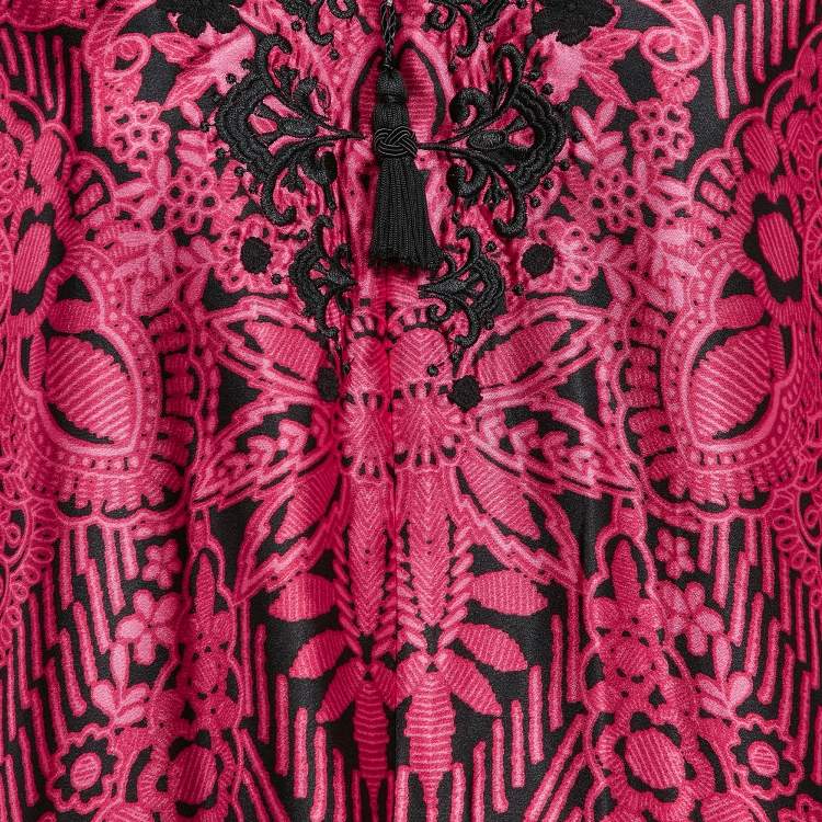 مملوكة مسبقًا Oscar de la Renta Pink/Black Printed Satin Maxi Kaftan Dress S