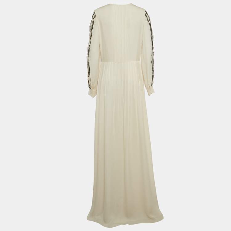 Pre Owned Oscar de la Renta White Silk Lace Trim Pleated Maxi Dress L