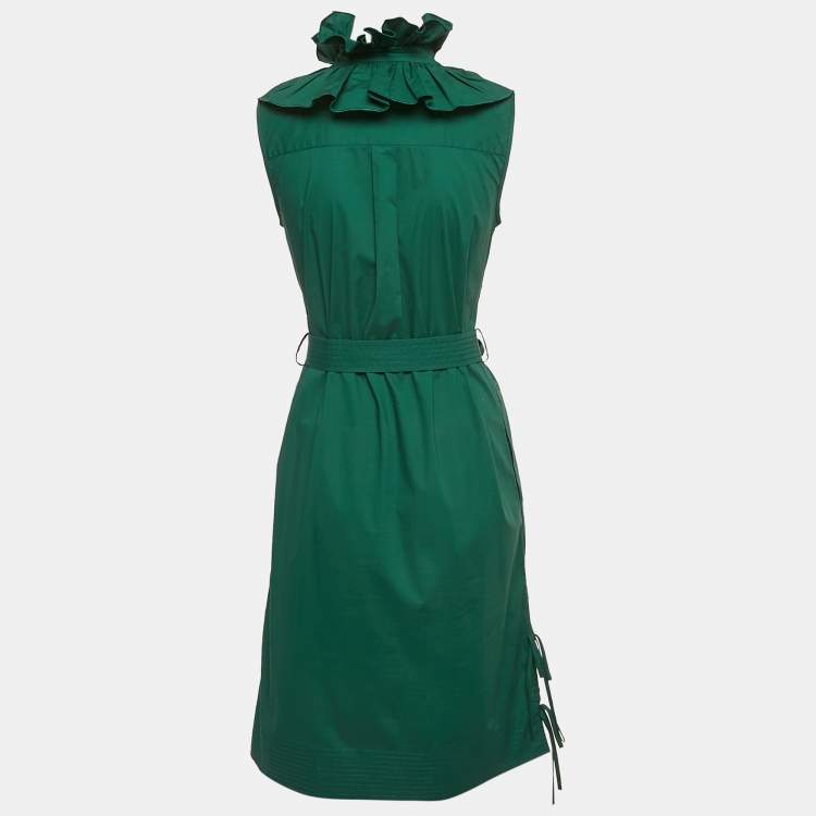 Pre Owned Oscar de la Renta Green Cotton Ruffled Sleeveless Short Dress XS