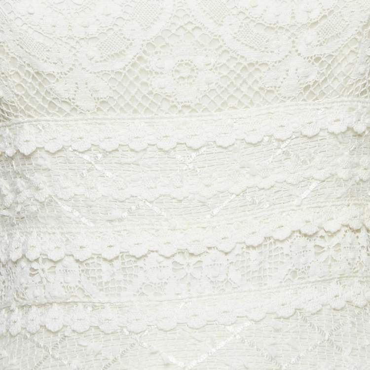 Pre Owned Oscar de la Renta Off-White Lace Ruffled Sleeveless Mini Dress S