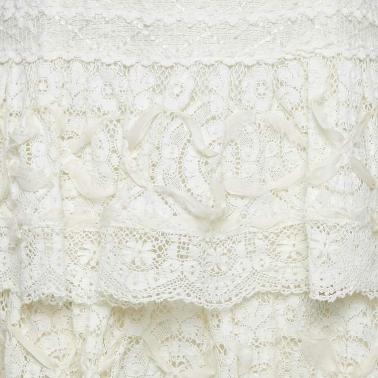 Pre Owned Oscar de la Renta Off-White Lace Ruffled Sleeveless Mini Dress S