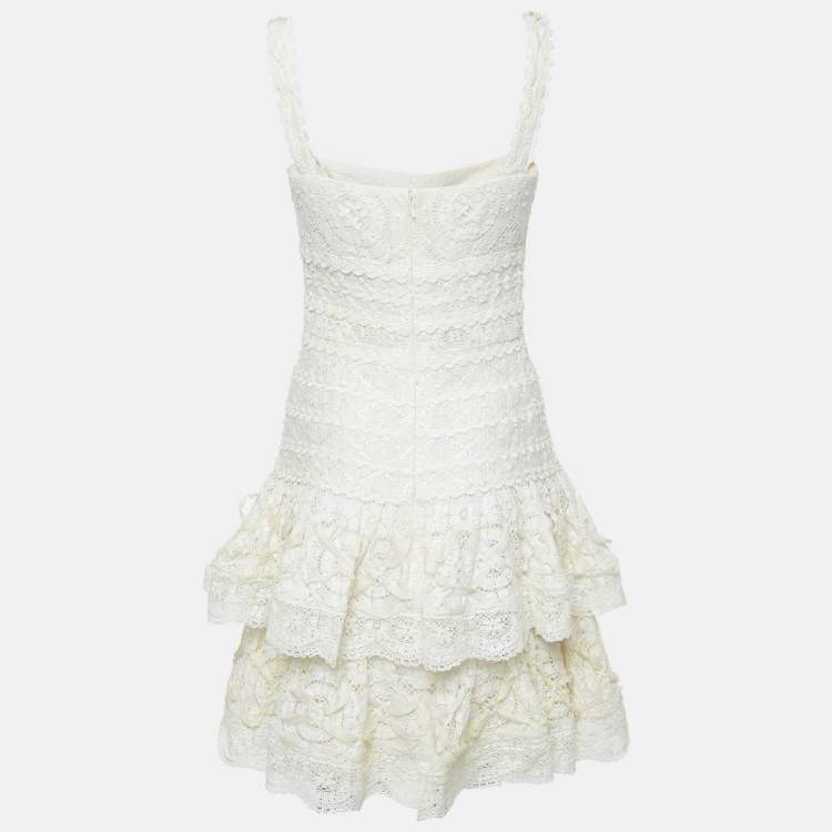 Pre Owned Oscar de la Renta Off-White Lace Ruffled Sleeveless Mini Dress S