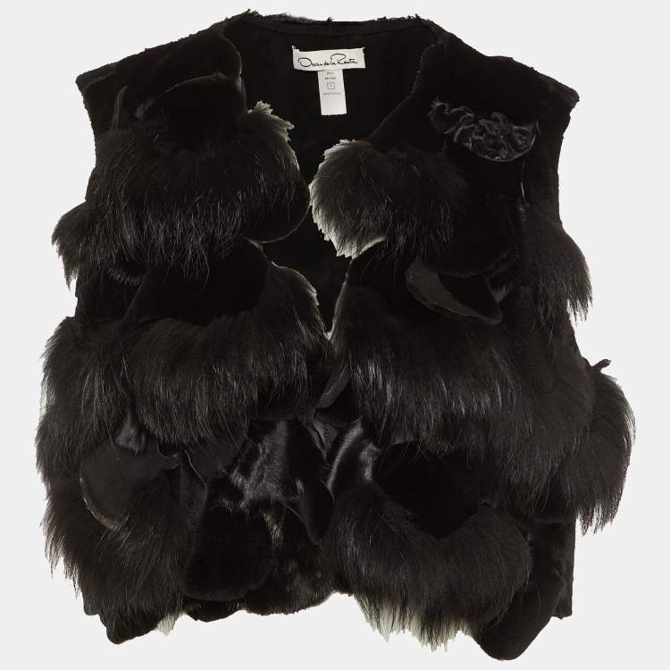 مملوكة مسبقًا Oscar de la Renta Black Fur Detail Satin Sleeveless Coat L