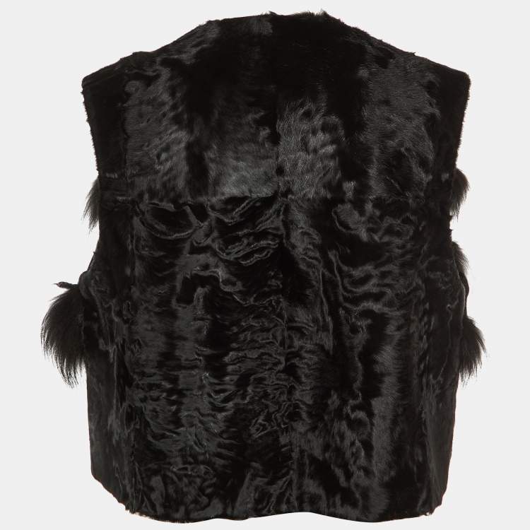 مملوكة مسبقًا Oscar de la Renta Black Fur Detail Satin Sleeveless Coat L