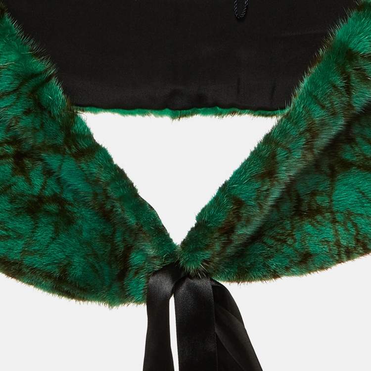 Pre Owned Oscar de la Renta Jade Green Marble Print Fur Tie-Up Bolero Jacket One Size 