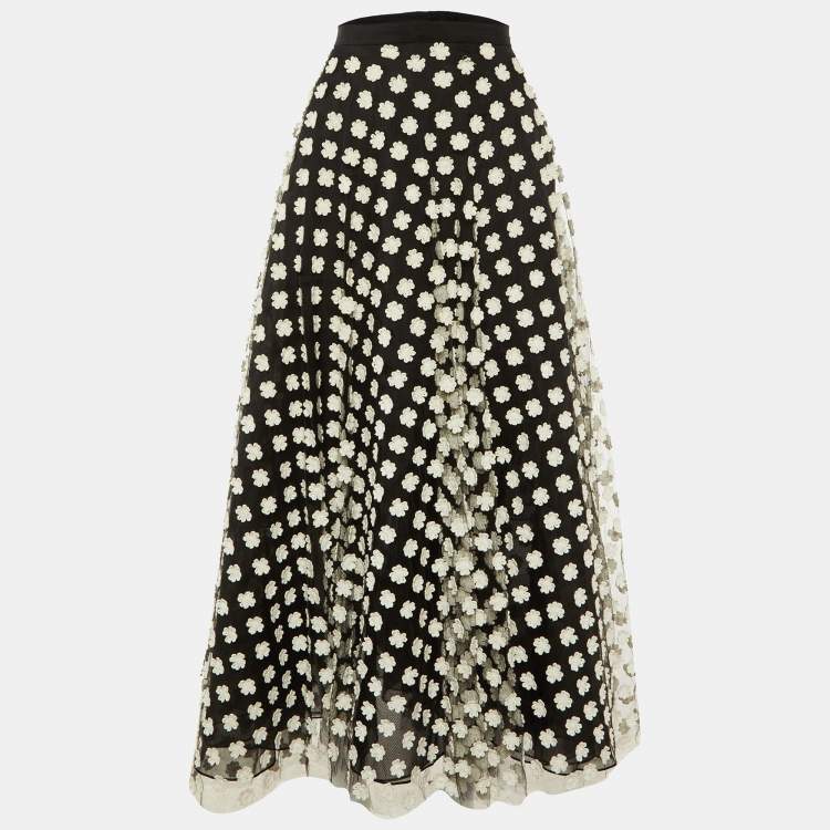 Pre Owned Oscar de la Renta Black Tulle Floral Applique Maxi Skirt M