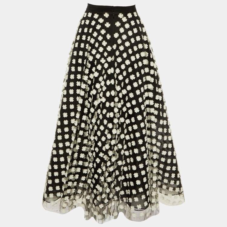 Pre Owned Oscar de la Renta Black Tulle Floral Applique Maxi Skirt M